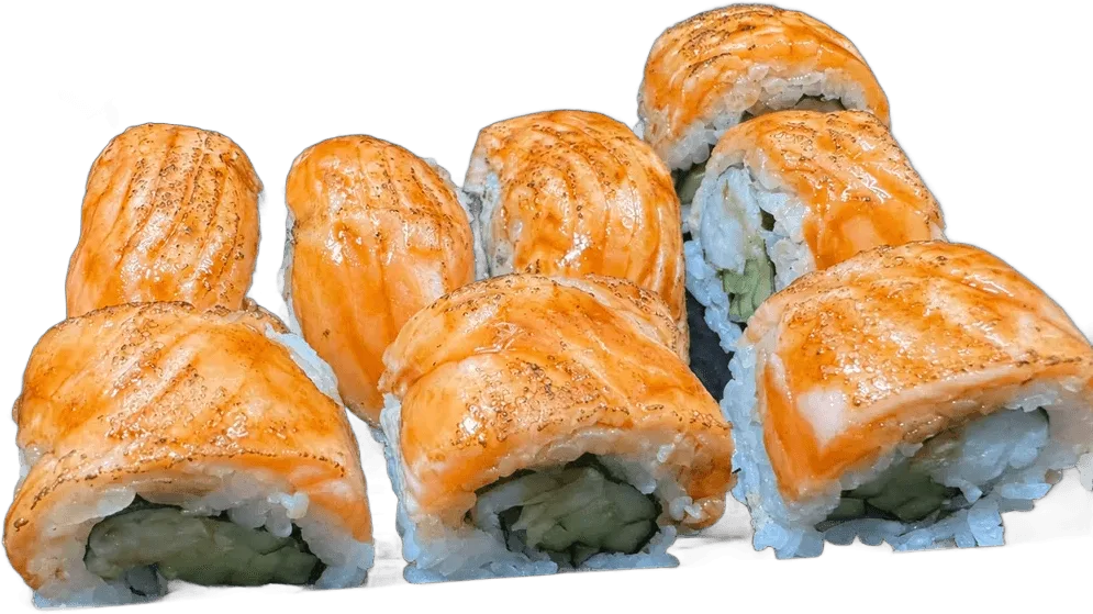Maçaricado M2 — niguiri e uramaki de salmão maçaricado
